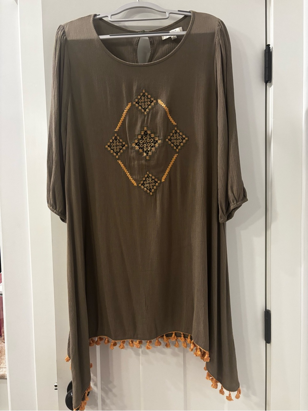 Umgee Olive/Moss Green Boho Front Embroidered Tassel Hem Women's Tunic or Dress